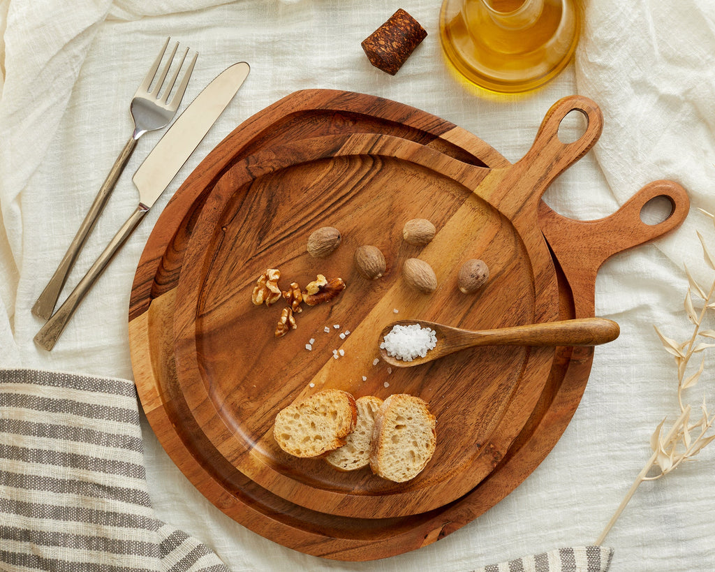 Alma Natural Acacia Wood Round Serving Board Set with Spoon – 2-Piece Handcrafted Charcuterie Boards
