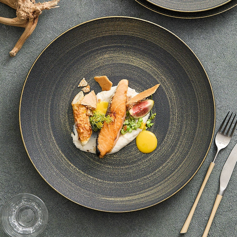 GOSEUNG Luxury Black & Gold Ceramic Dinner Plate Wujin Sand Matte Fine Dining Tableware