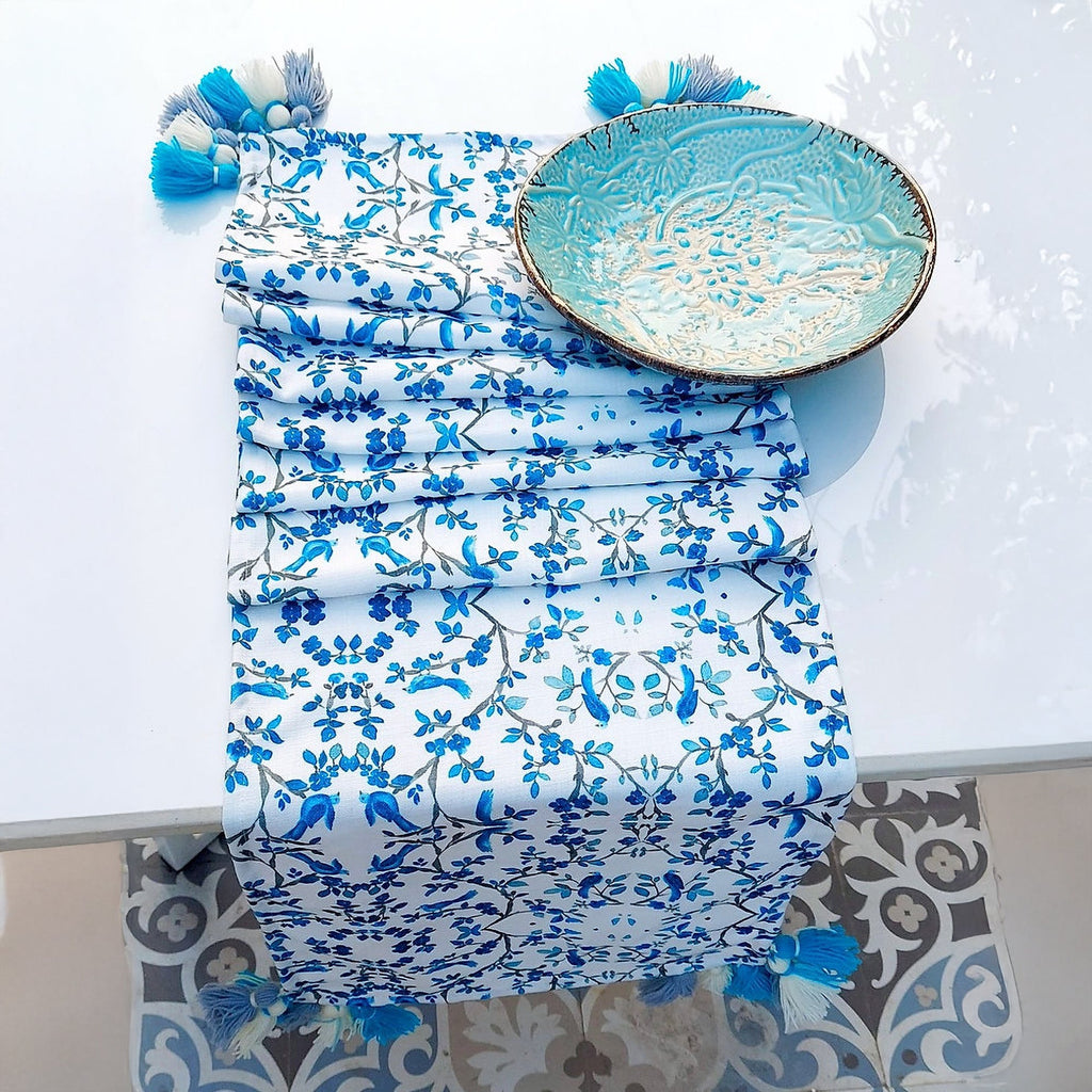 Blue Chinoiserie Linen Table Runner – Timeless Elegance for Your Table