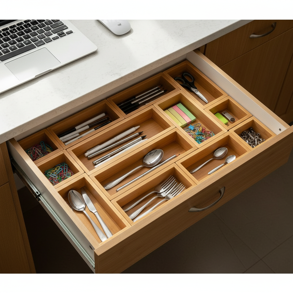 Bamboo organizers with office supplies