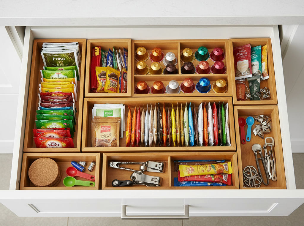 Bamboo trays organizing pantry items
