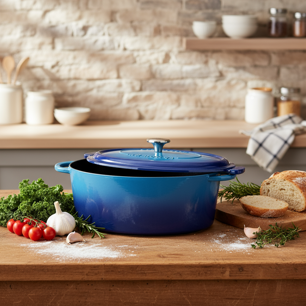 Blue gradient casserole on rustic counter