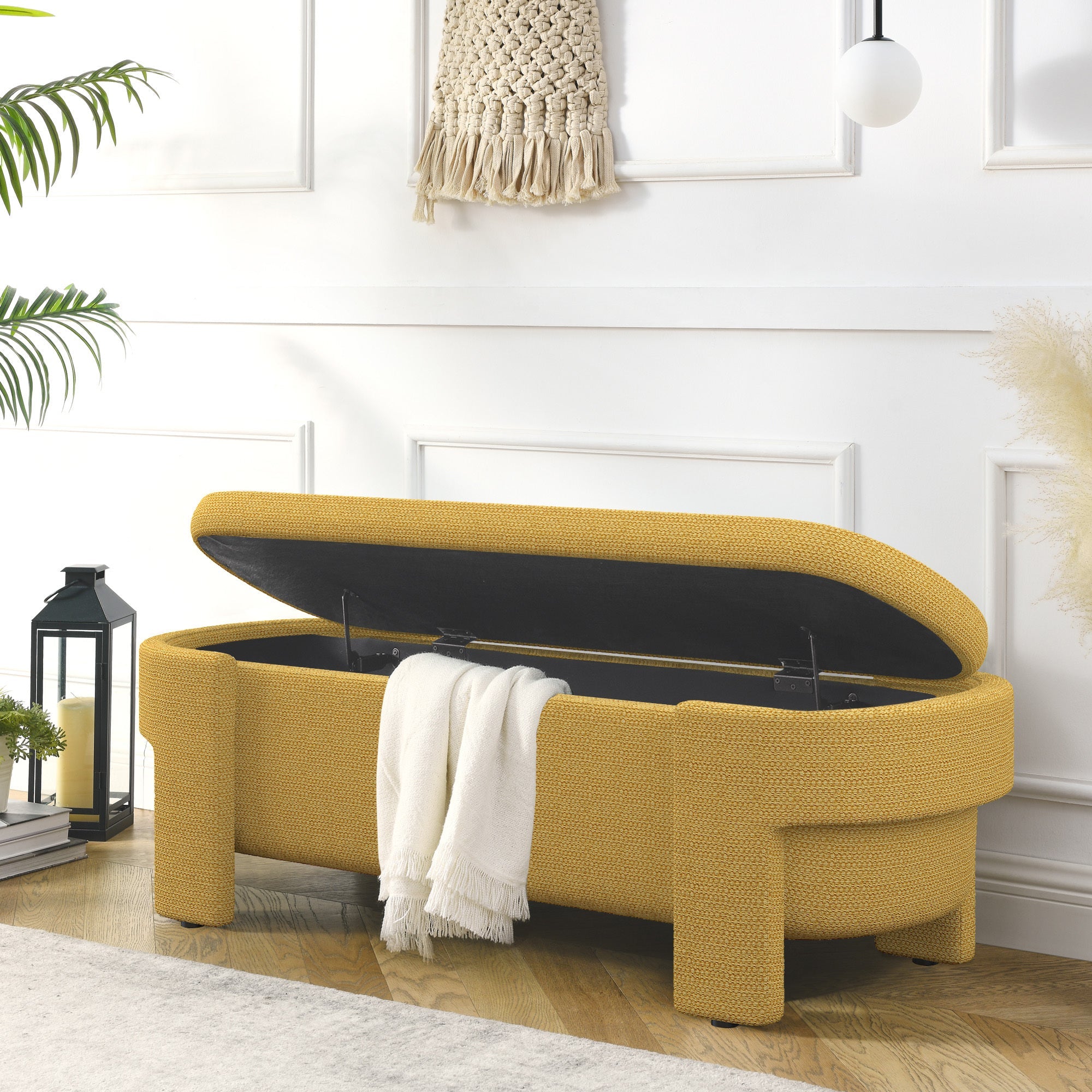 Luxury Linen Fabric Upholstered Storage Bench – Safron Gold Ottoman Seat with Large Hidden Compartment