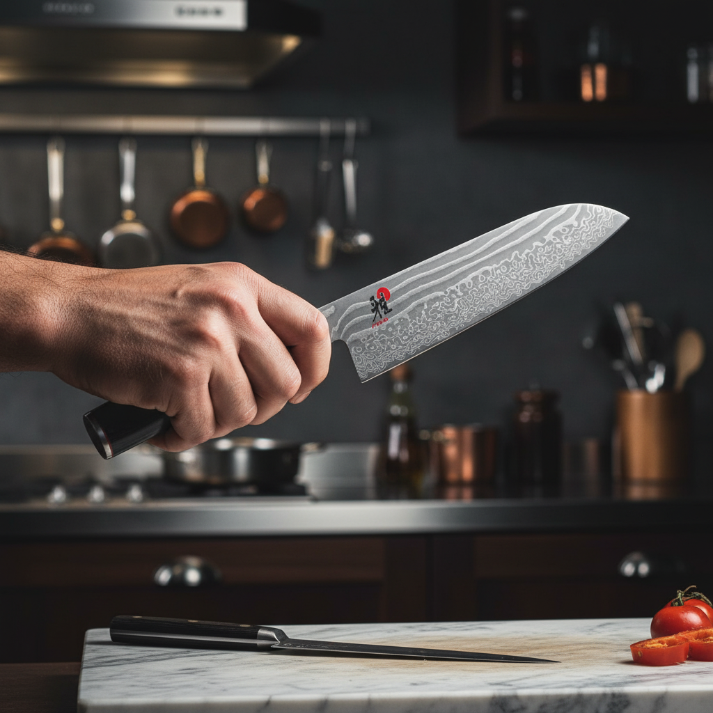 Cinematic chef's hand holding knife