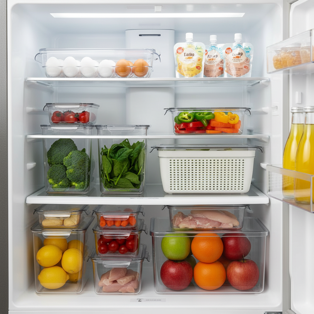 Clear containers in organized fridge