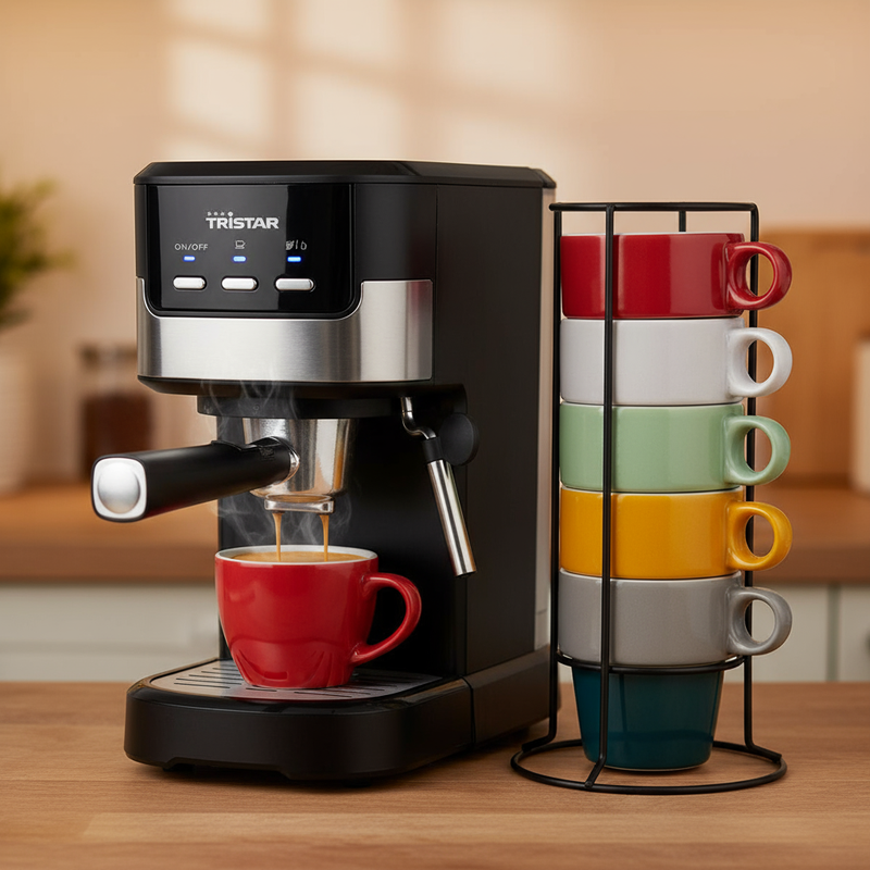 Espresso pouring into colorful ceramic cup