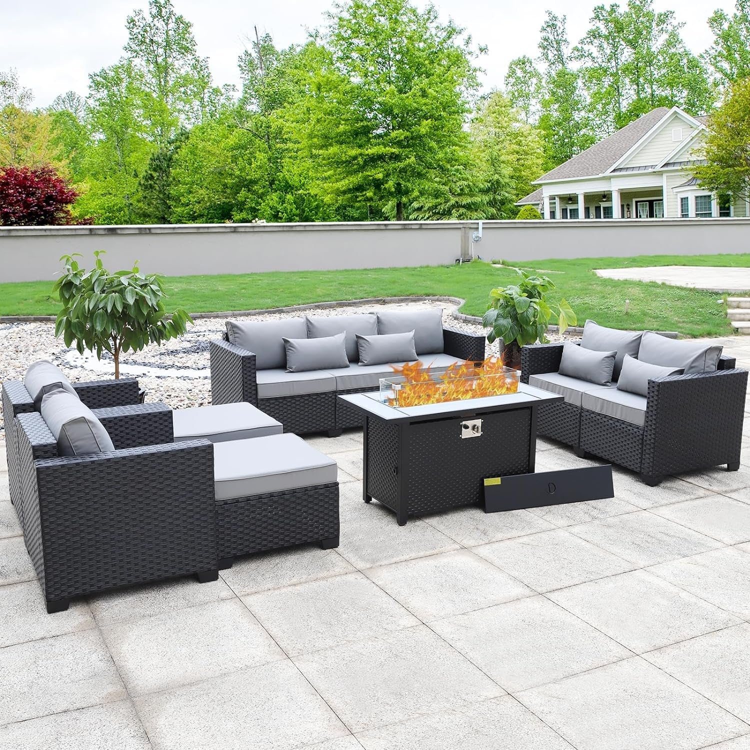Luxury 7-Piece Outdoor Furniture Set with 60,000 BTU Fire Pit – All-Weather Wicker & Modern Patio Design