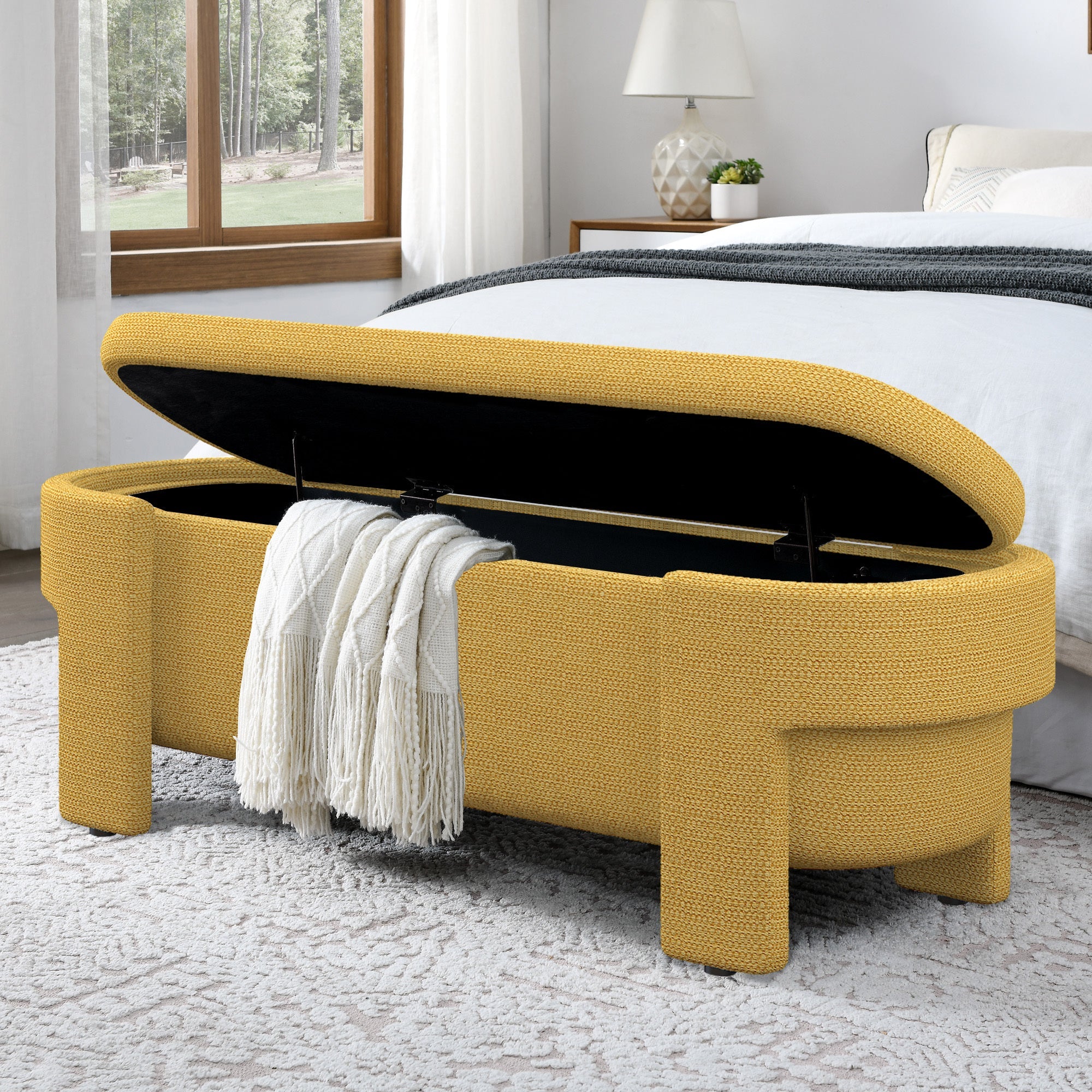 Luxury Linen Fabric Upholstered Storage Bench – Safron Gold Ottoman Seat with Large Hidden Compartment