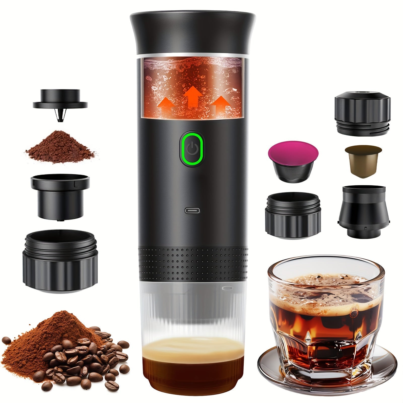 Portable USB Coffee Maker – Hot & Cold Espresso Machine, Rechargeable, Ground Coffee & Capsule Compatible