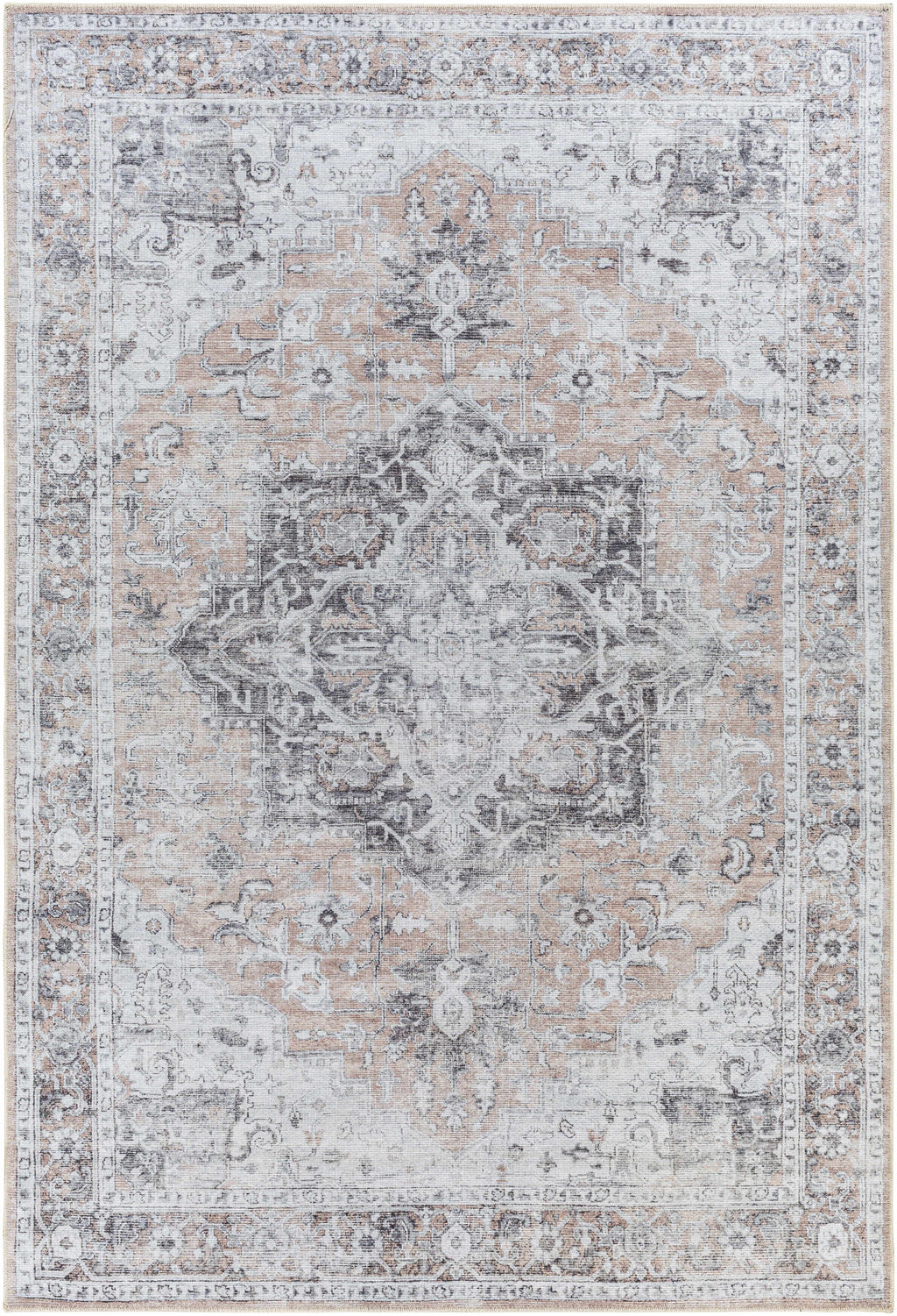 Machine Washable Chenille Rug – Traditional Flatweave Area Rug in Beige & Charcoal, Soft & Durable
