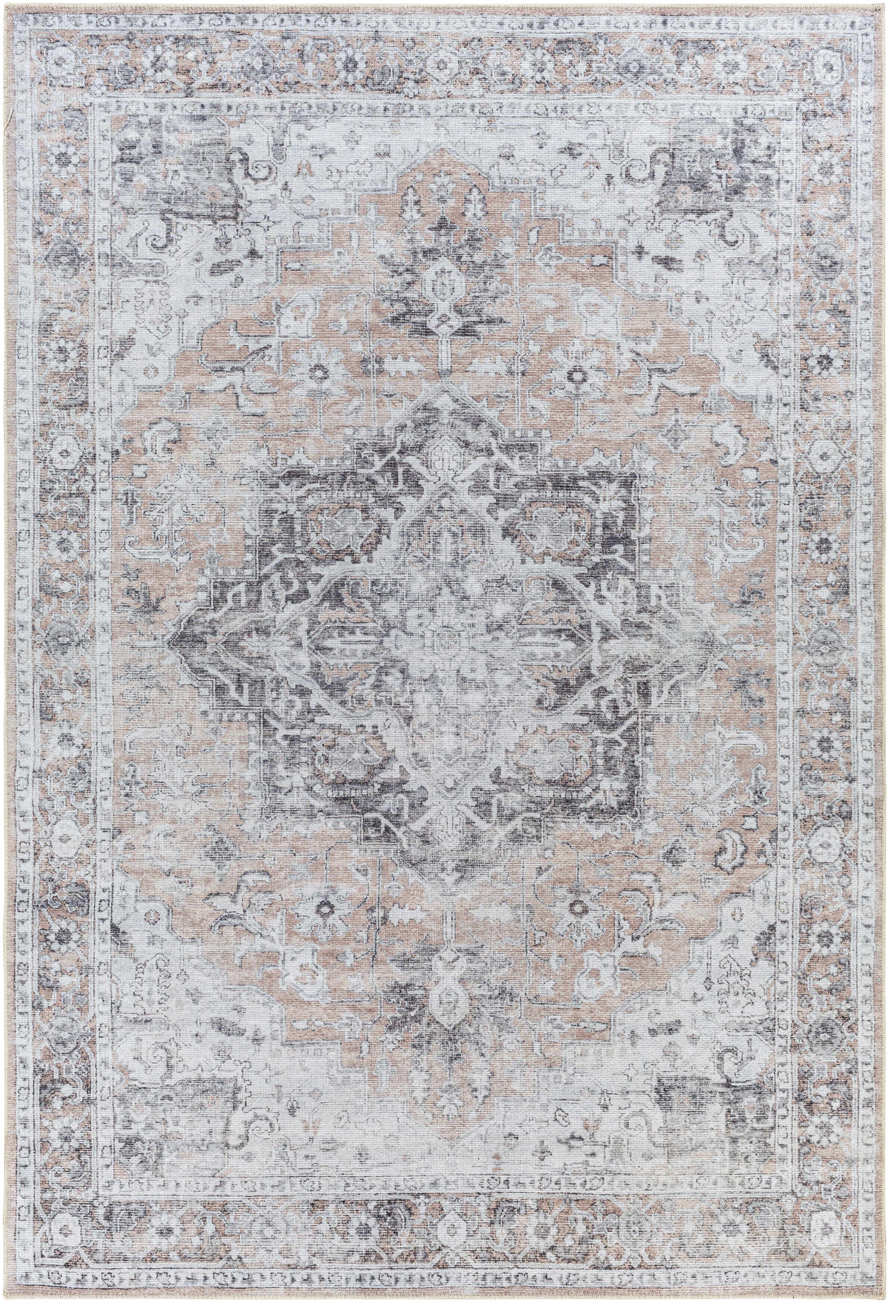 Machine Washable Chenille Rug – Traditional Flatweave Area Rug in Beige & Charcoal, Soft & Durable