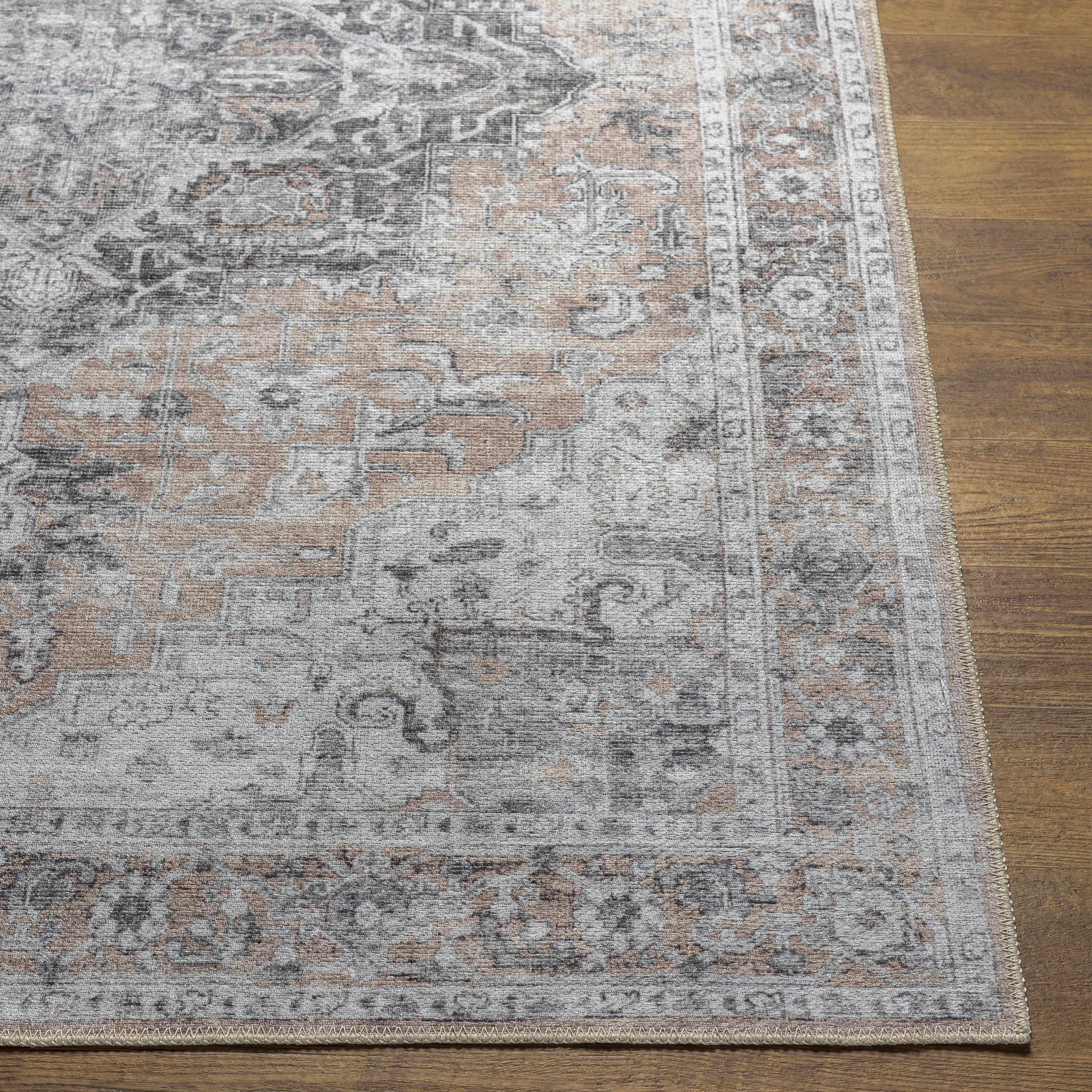 Machine Washable Chenille Rug – Traditional Flatweave Area Rug in Beige & Charcoal, Soft & Durable