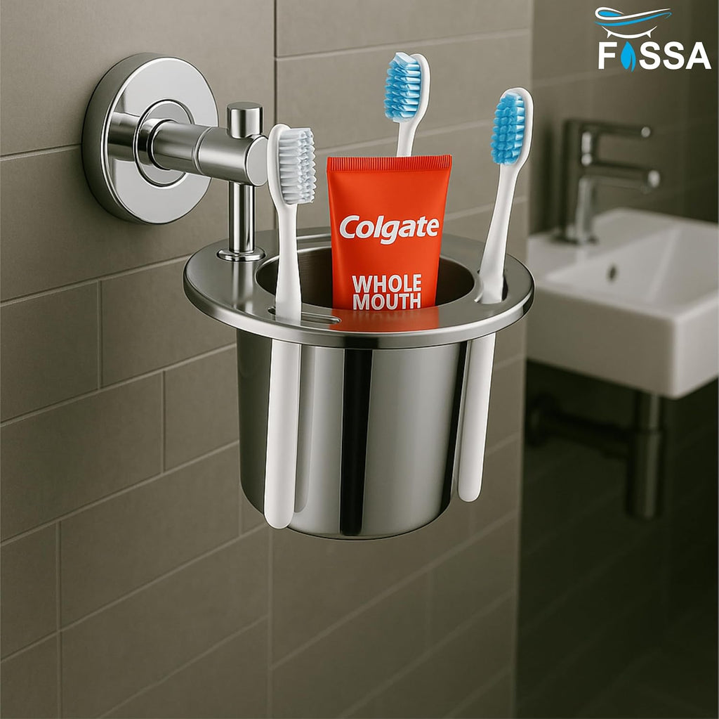 Fossa Brush Holder – Stainless Steel Wall Mounted Tumbler & Toothbrush Holder for Bathroom | Rustproof Organizer & Bathroom Accessories Set | Silver Chrome Finish-1