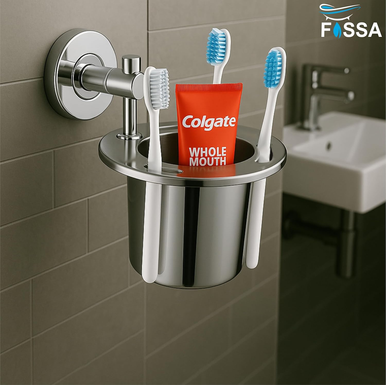 Fossa Brush Holder – Stainless Steel Wall Mounted Tumbler & Toothbrush Holder for Bathroom | Rustproof Organizer & Bathroom Accessories Set | Silver Chrome Finish-1