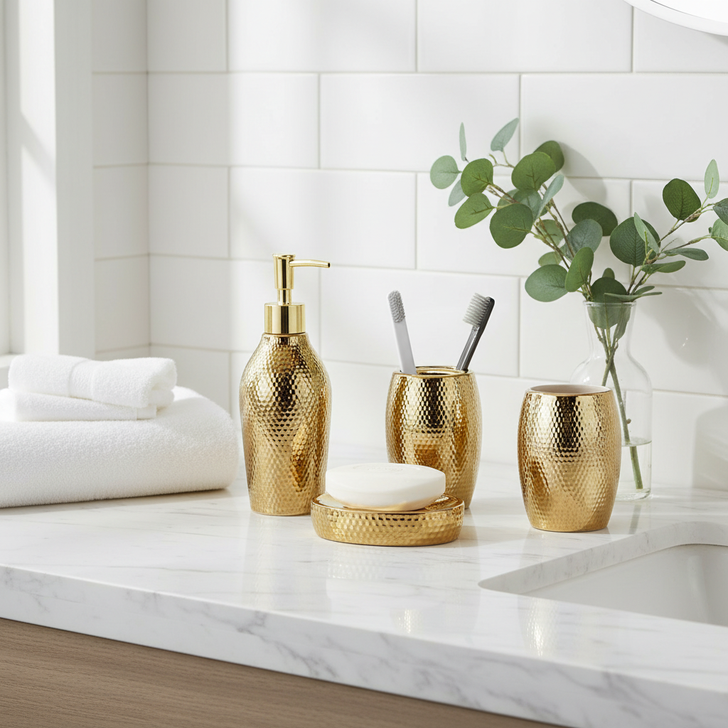 Golden bathroom set on marble vanity