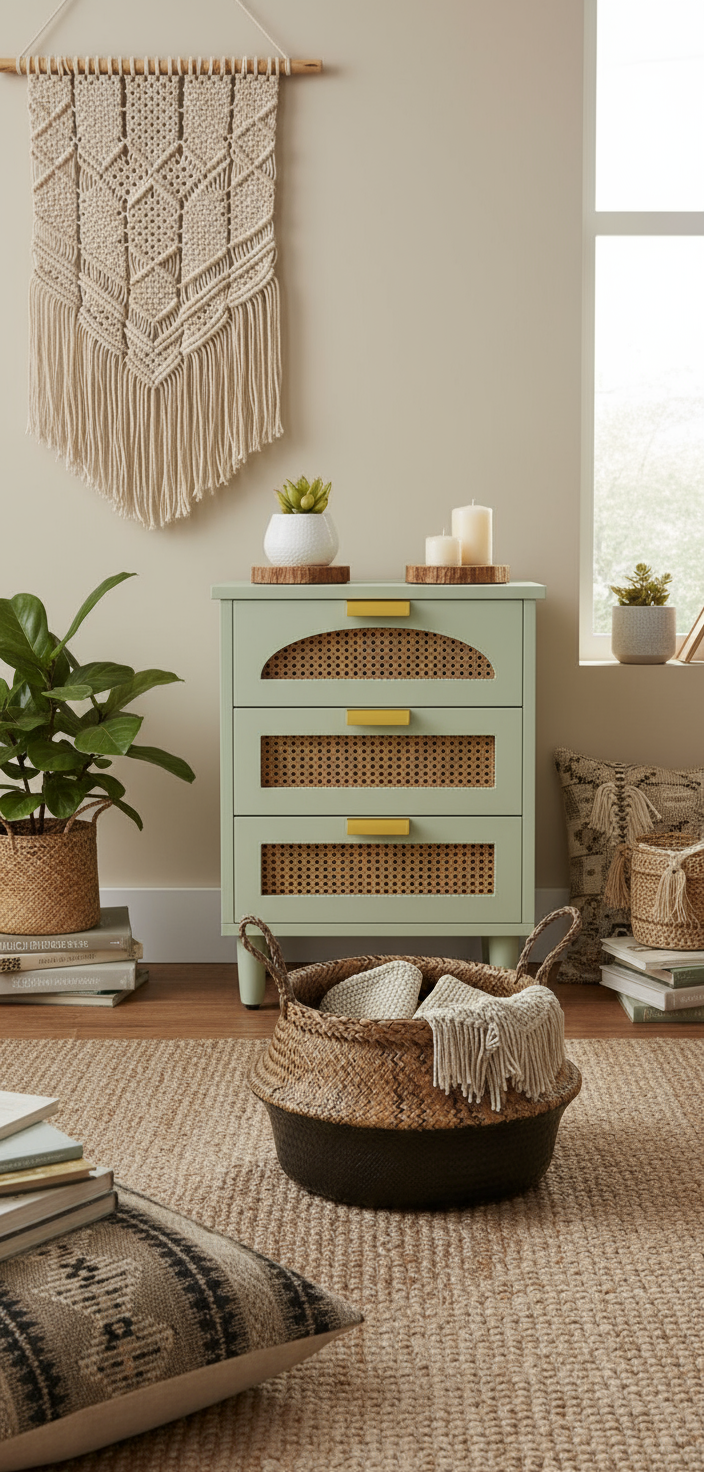 Green rattan nightstand in boho living room