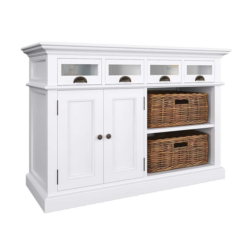 Luxury Farmhouse Kitchen Buffet – Glass-Front Drawers & Handwoven Rattan Baskets