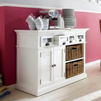 Luxury Farmhouse Kitchen Buffet – Glass-Front Drawers & Handwoven Rattan Baskets