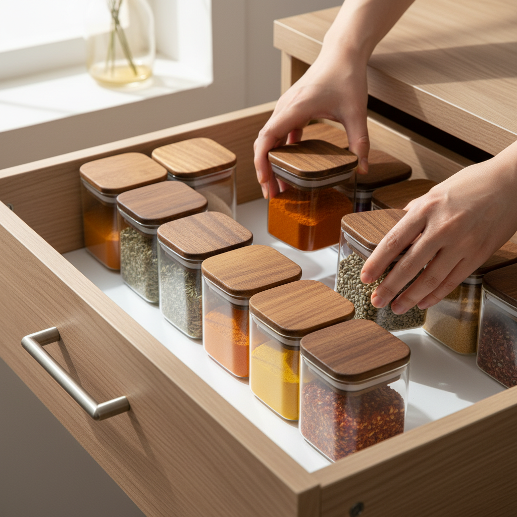 Hands organizing in drawer