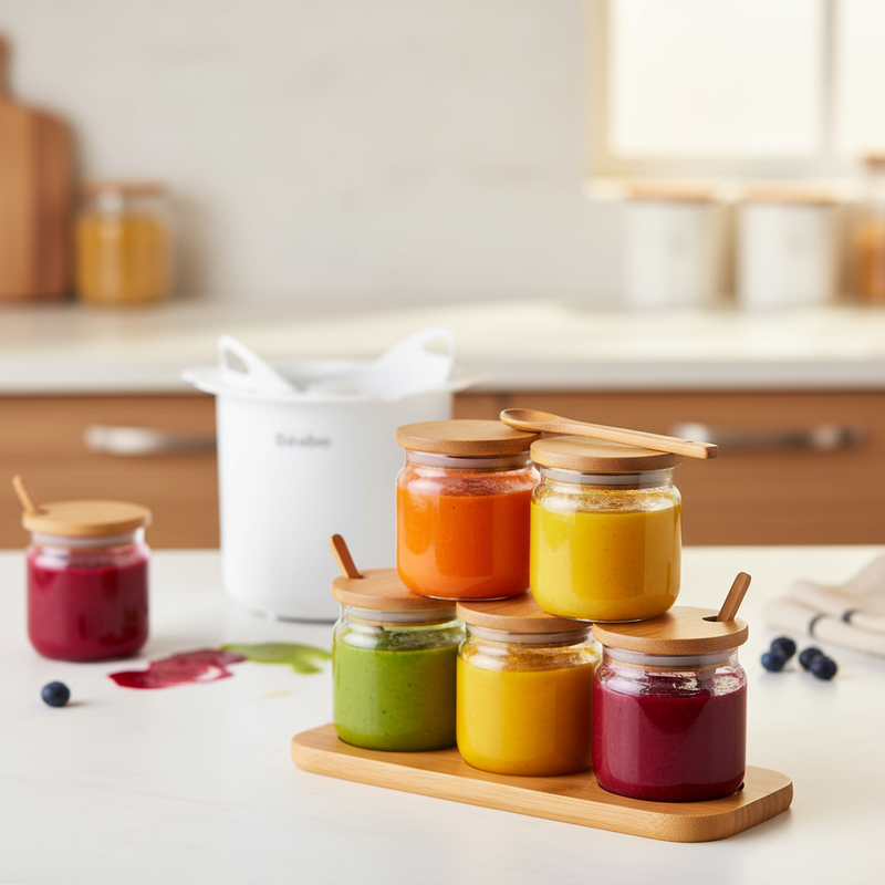 Jars with baby food, Babycook in background