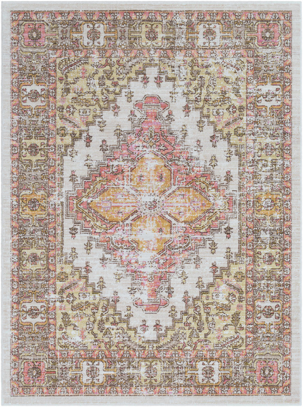 Machine-Woven Polyester Rug – Traditional Low-Pile Area Rug, Dark Brown & Coral