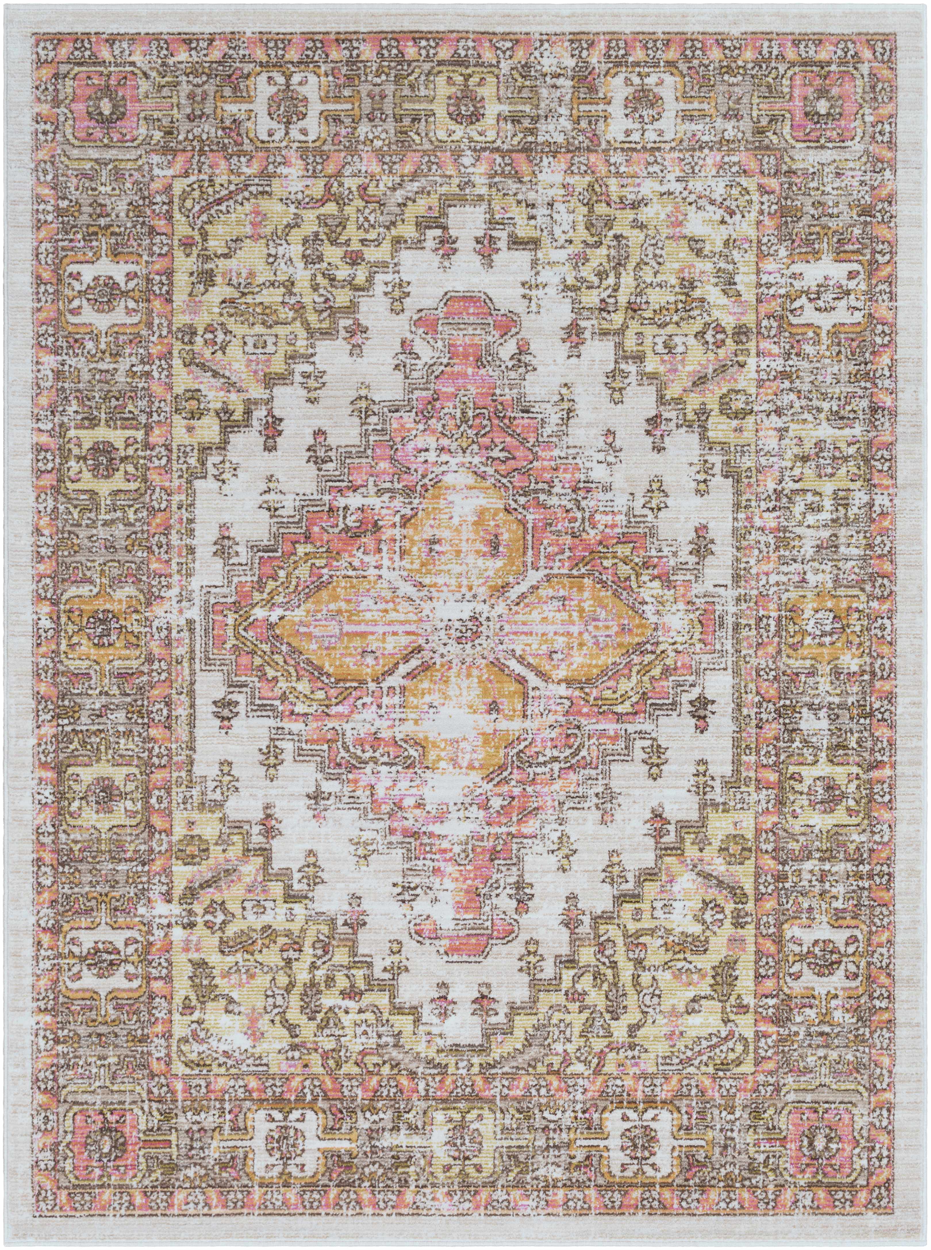 Machine-Woven Polyester Rug – Traditional Low-Pile Area Rug, Dark Brown & Coral