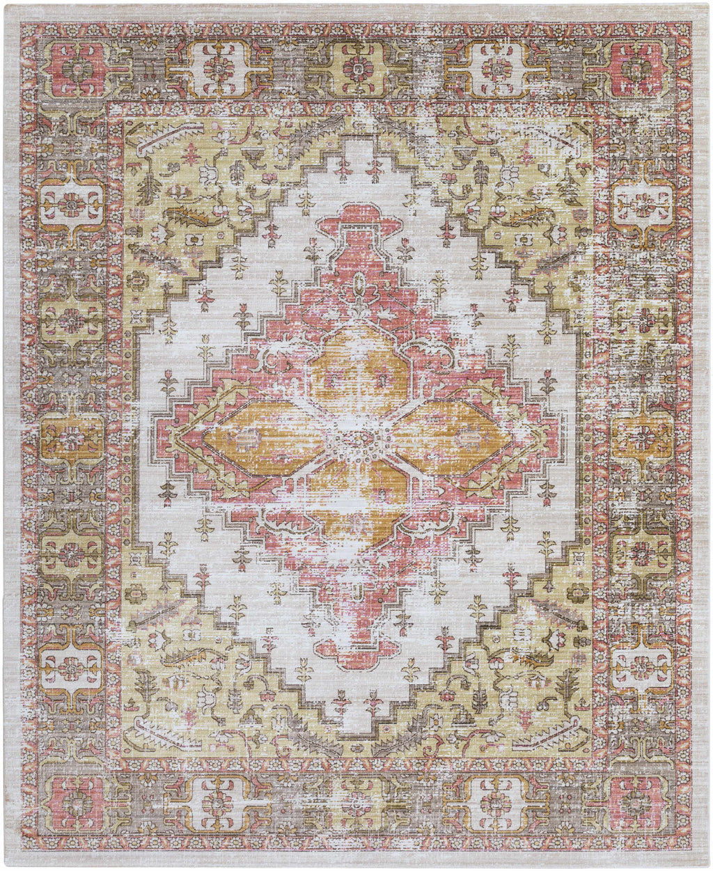 Machine-Woven Polyester Rug – Traditional Low-Pile Area Rug, Dark Brown & Coral