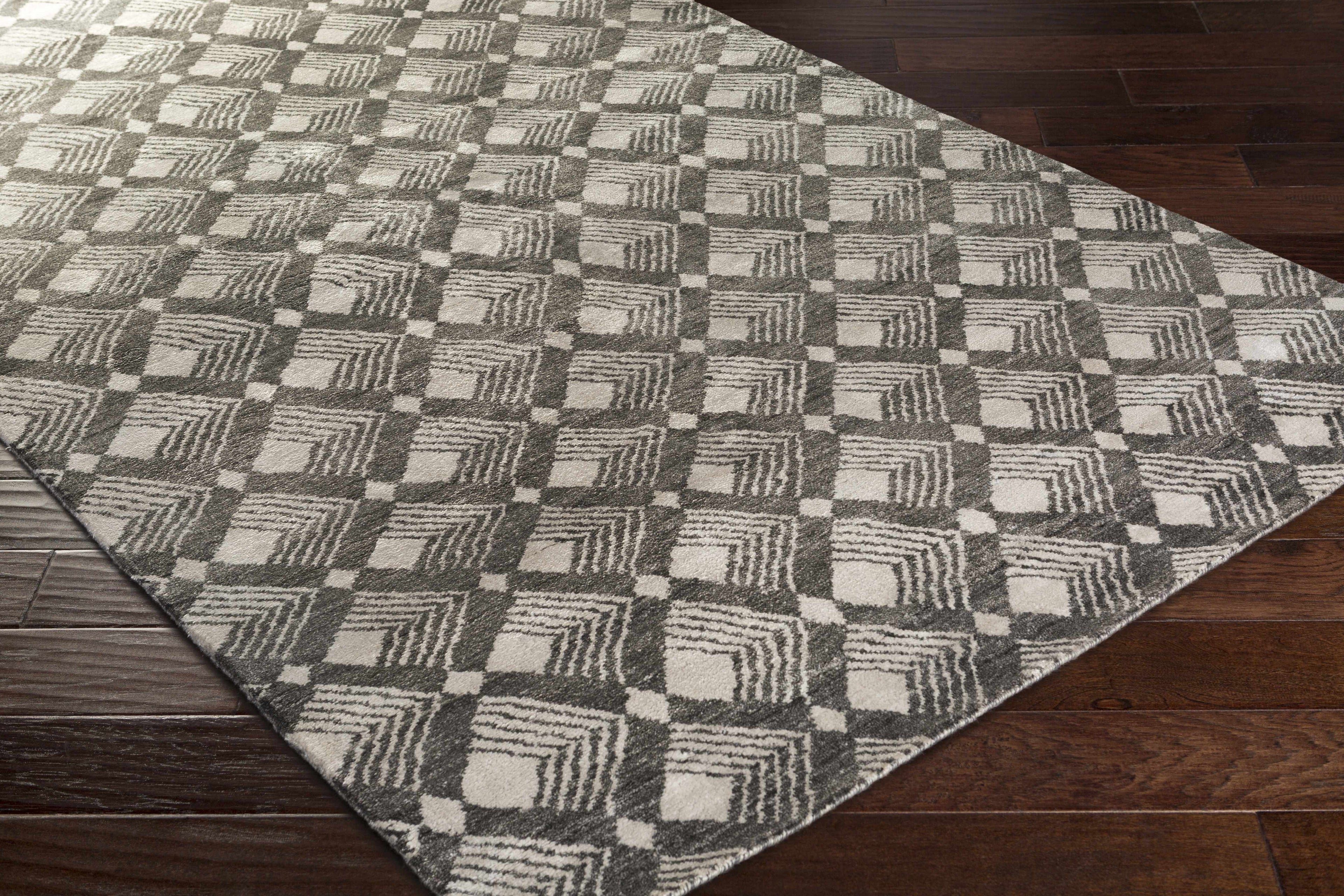 Hand-Knotted Viscose Rug – Contemporary Medium Pile Area Rug, Charcoal & Light Gray
