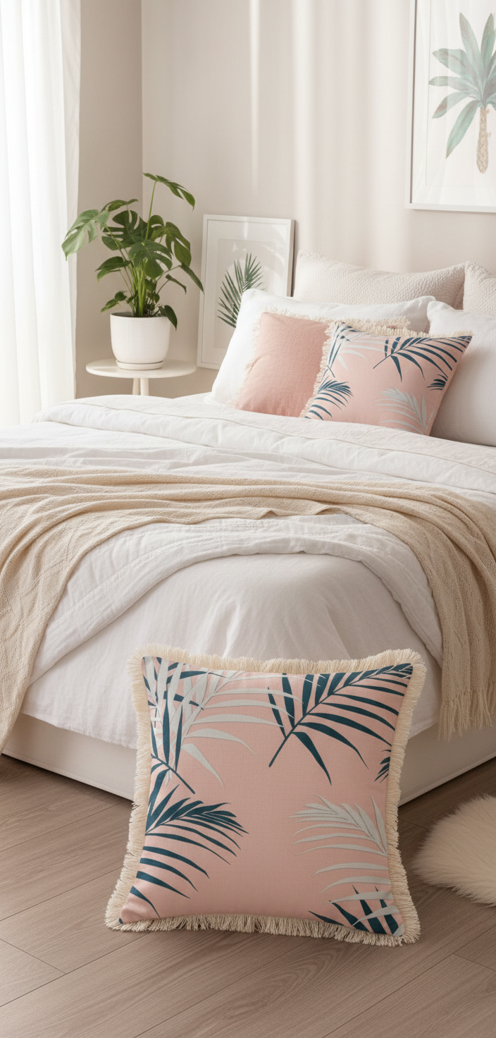 Pink palm cushion on bed