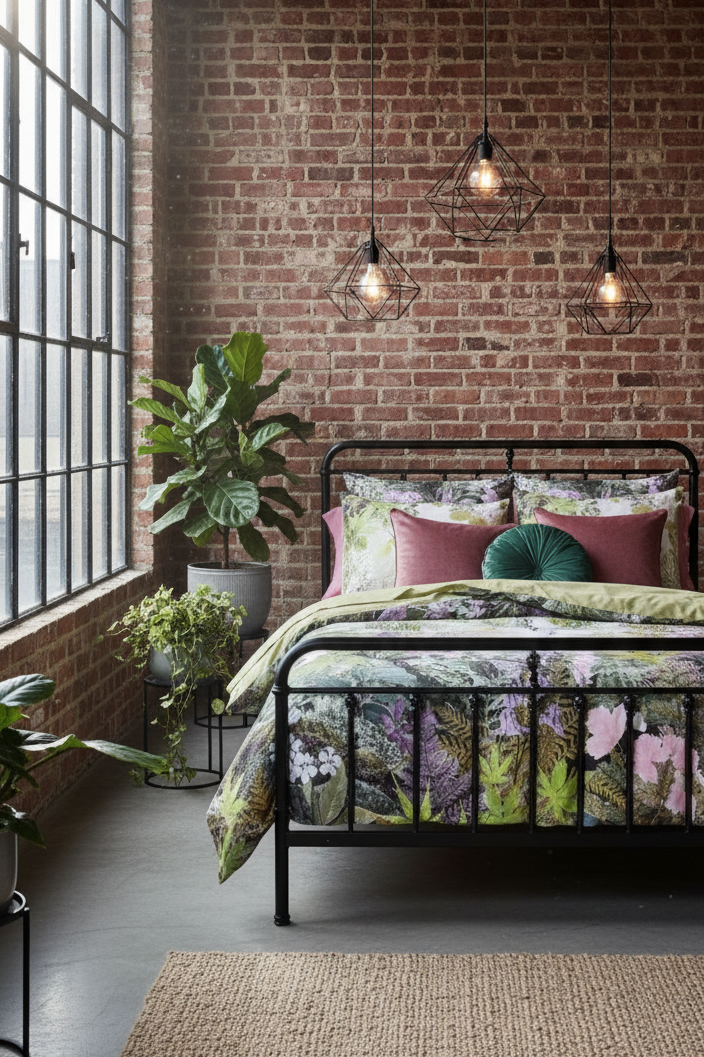 Purple floral quilt in industrial bedroom