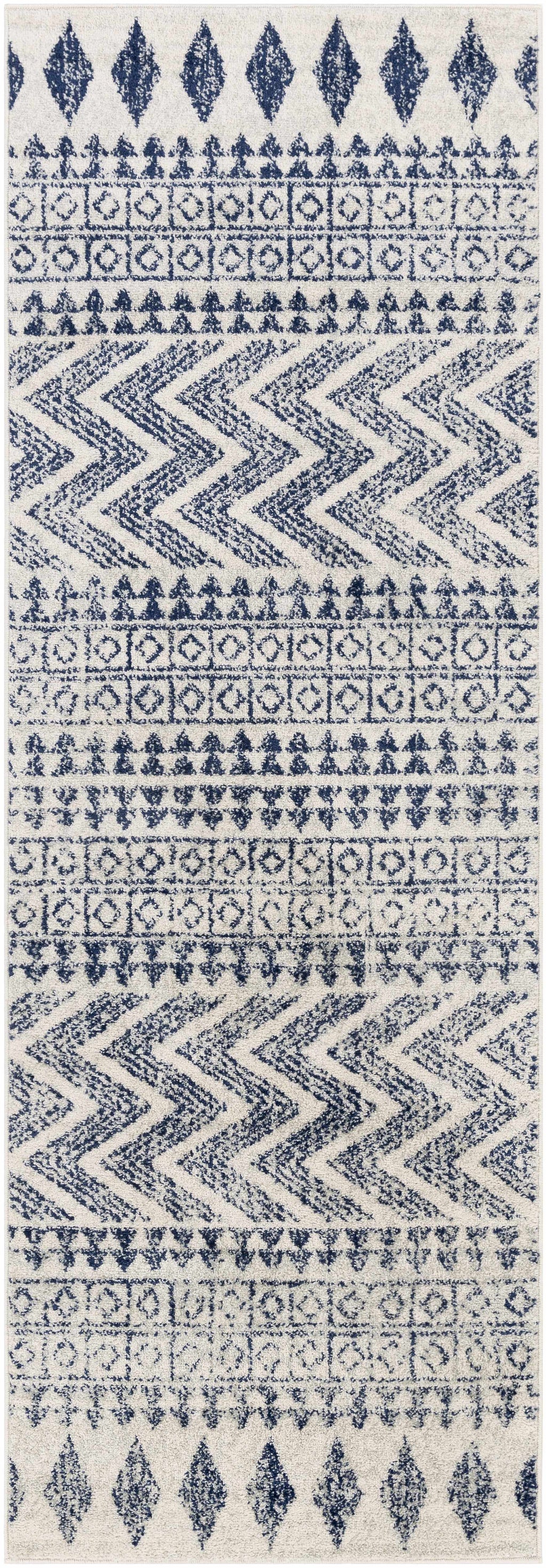 Transitional Light Gray, White & Navy Bohemian Rug – Soft Polypropylene Medium Pile, Made in Turkey