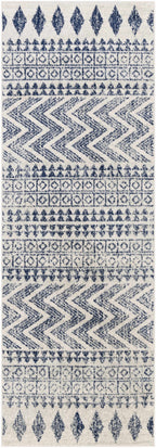 Transitional Light Gray, White & Navy Bohemian Rug – Soft Polypropylene Medium Pile, Made in Turkey