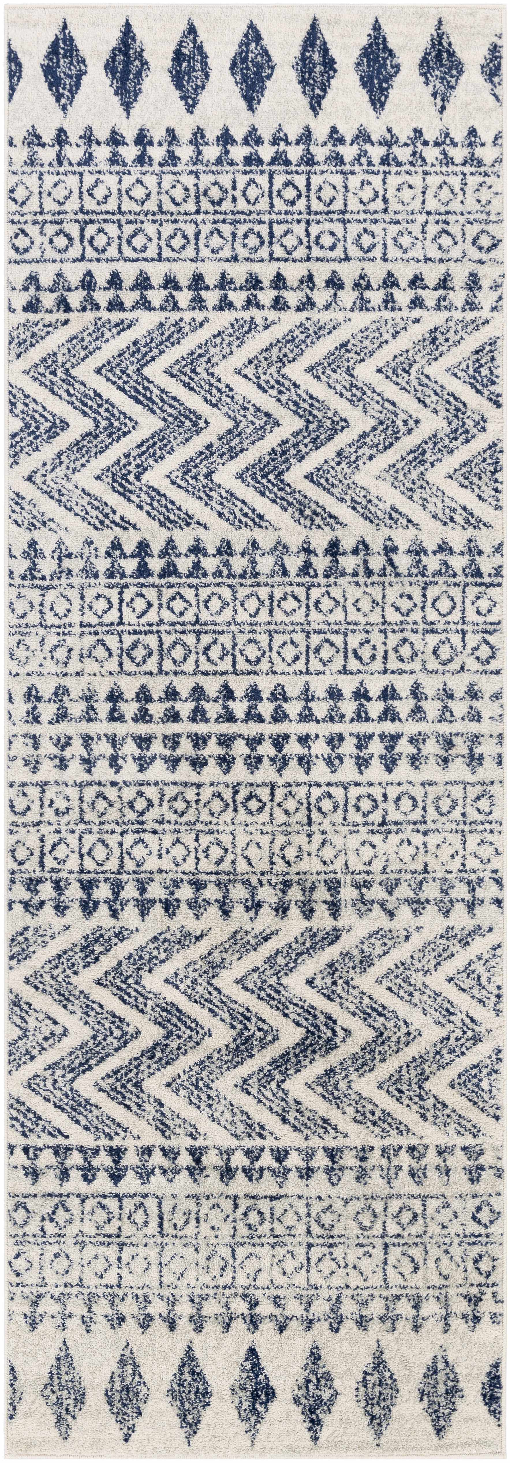 Transitional Light Gray, White & Navy Bohemian Rug – Soft Polypropylene Medium Pile, Made in Turkey
