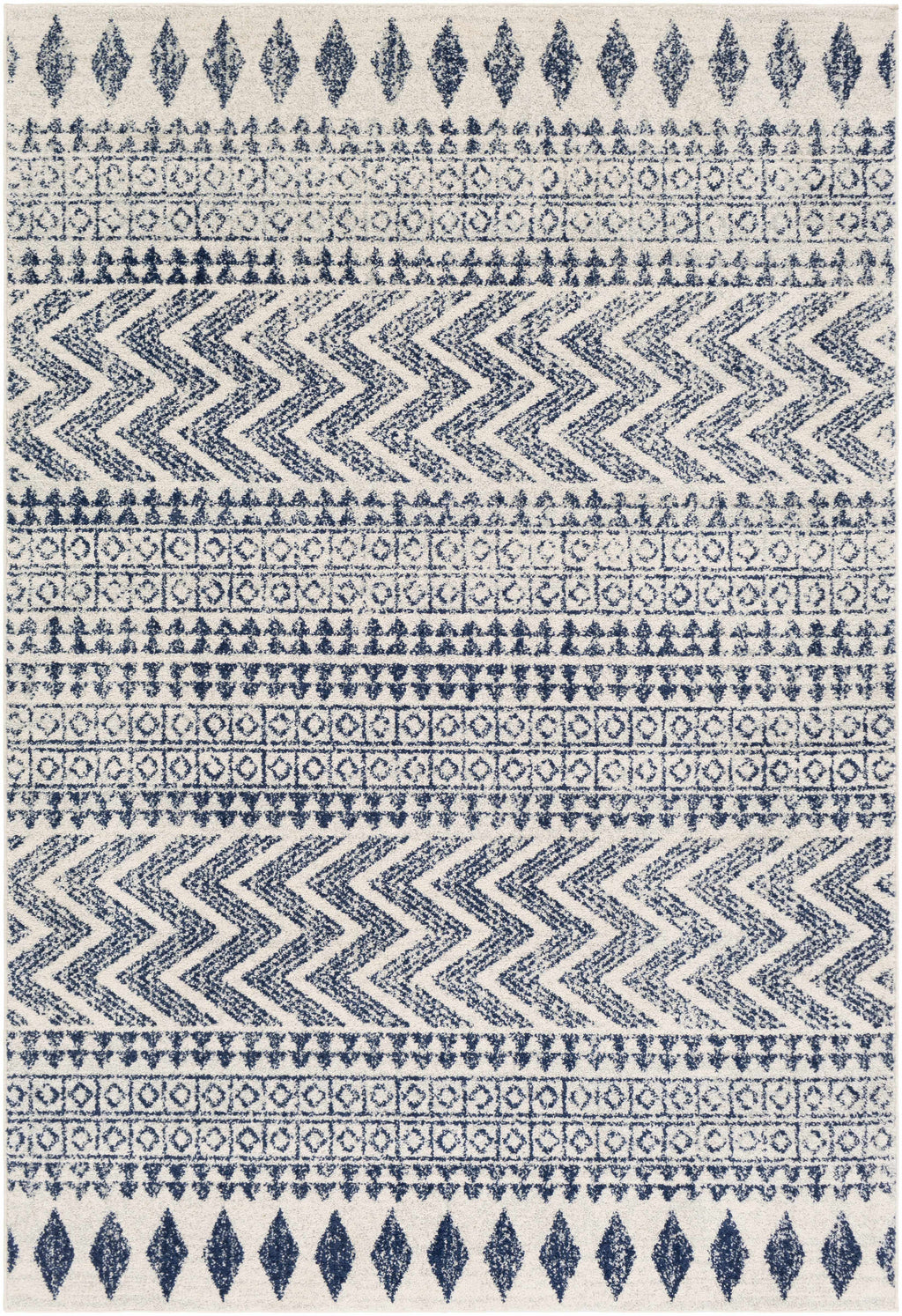 Transitional Light Gray, White & Navy Bohemian Rug – Soft Polypropylene Medium Pile, Made in Turkey