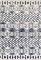 Transitional Light Gray, White & Navy Bohemian Rug – Soft Polypropylene Medium Pile, Made in Turkey