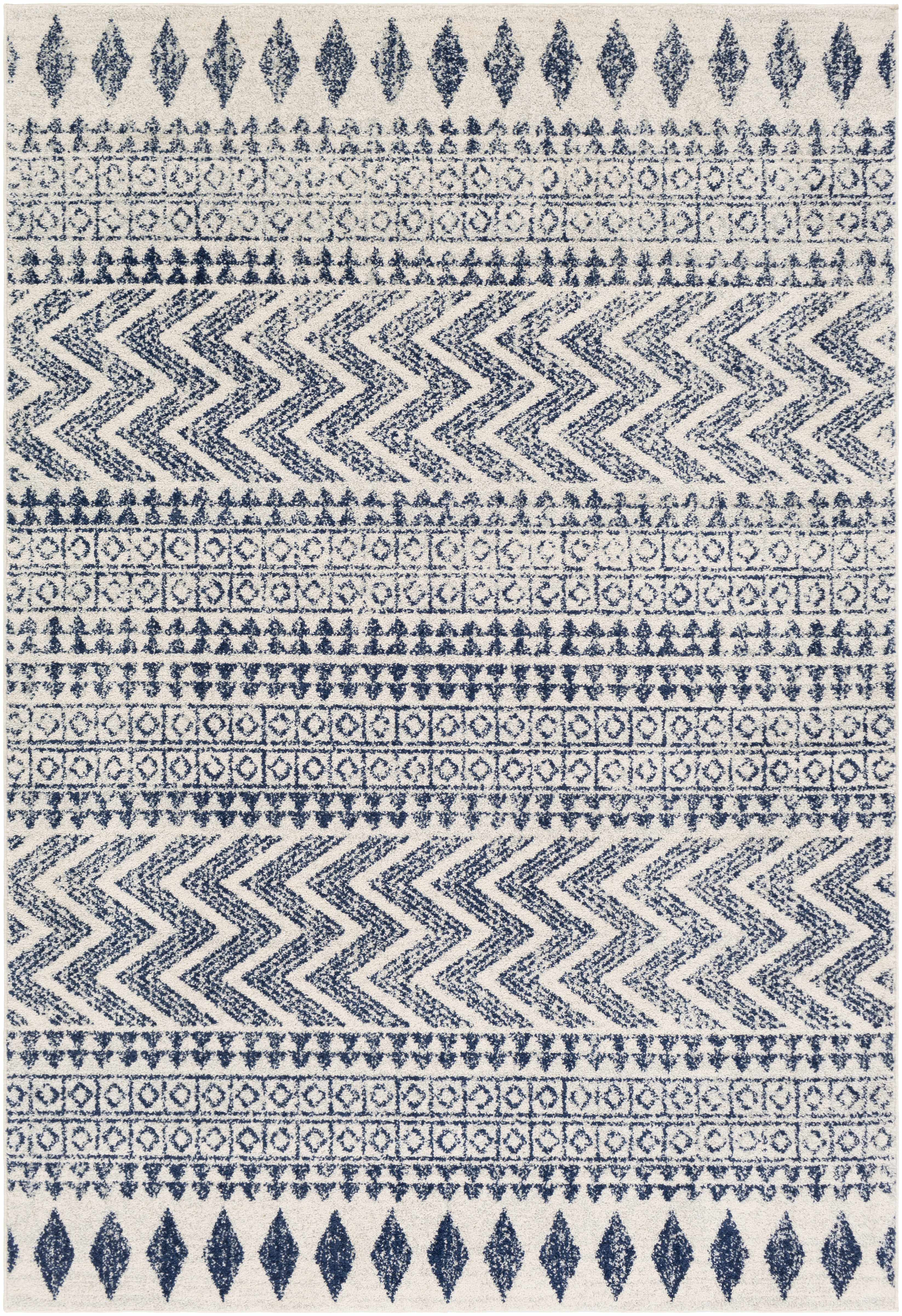 Transitional Light Gray, White & Navy Bohemian Rug – Soft Polypropylene Medium Pile, Made in Turkey