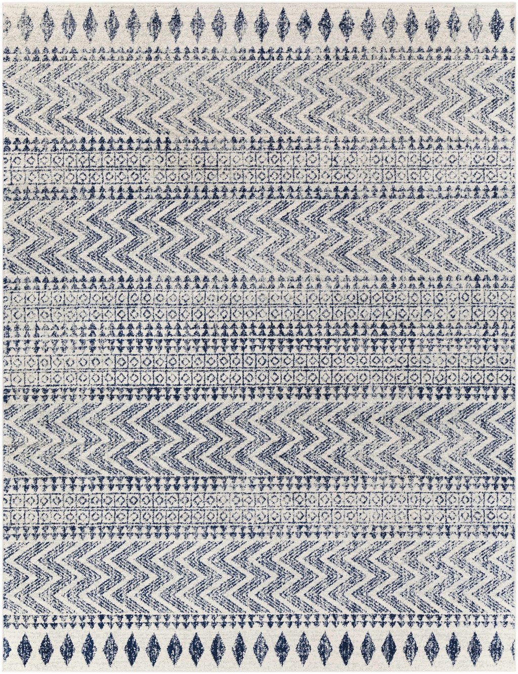 Transitional Light Gray, White & Navy Bohemian Rug – Soft Polypropylene Medium Pile, Made in Turkey