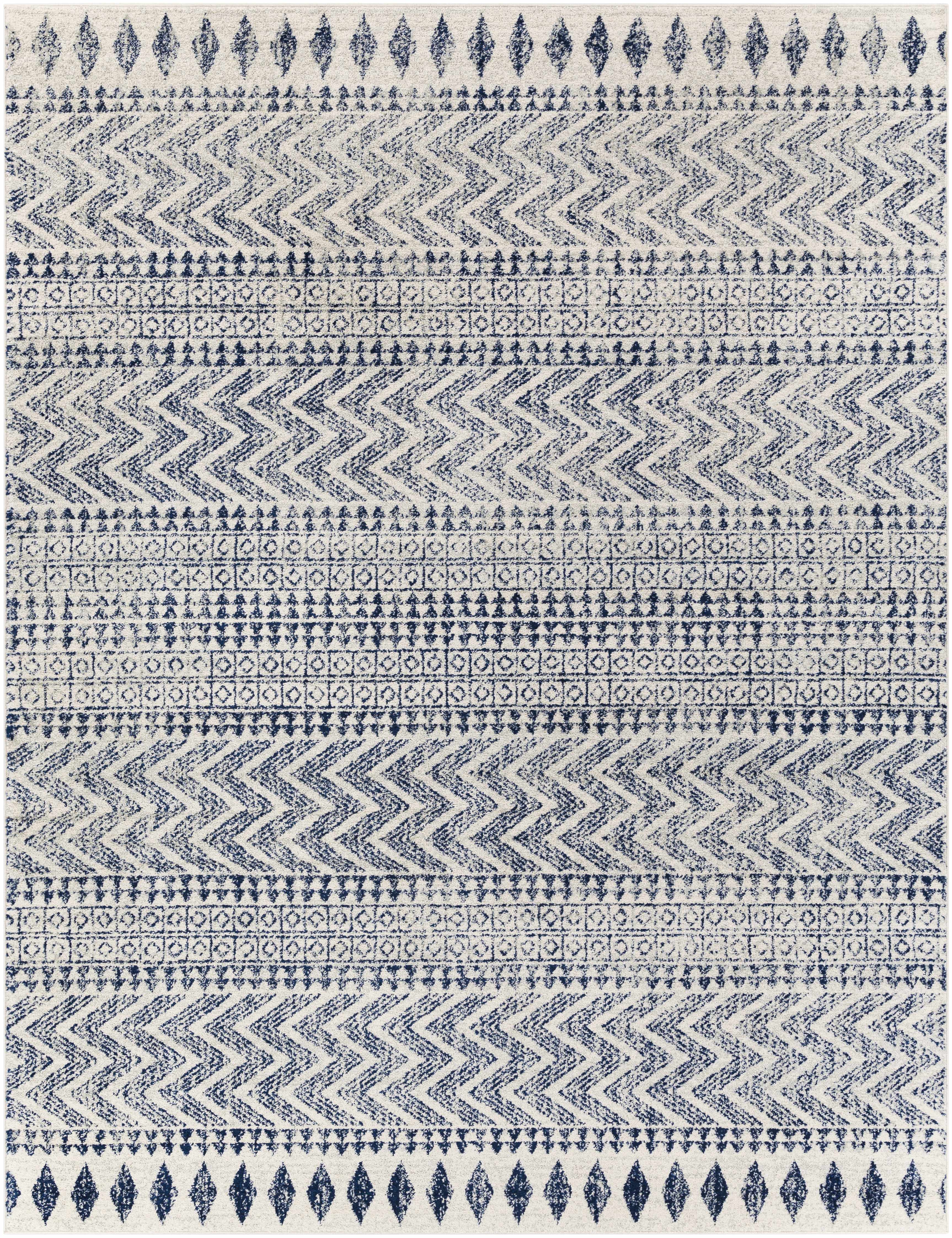 Transitional Light Gray, White & Navy Bohemian Rug – Soft Polypropylene Medium Pile, Made in Turkey