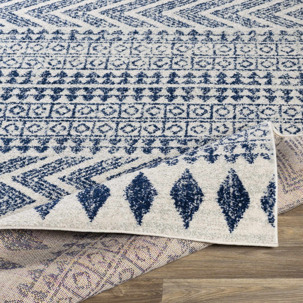 Transitional Light Gray, White & Navy Bohemian Rug – Soft Polypropylene Medium Pile, Made in Turkey