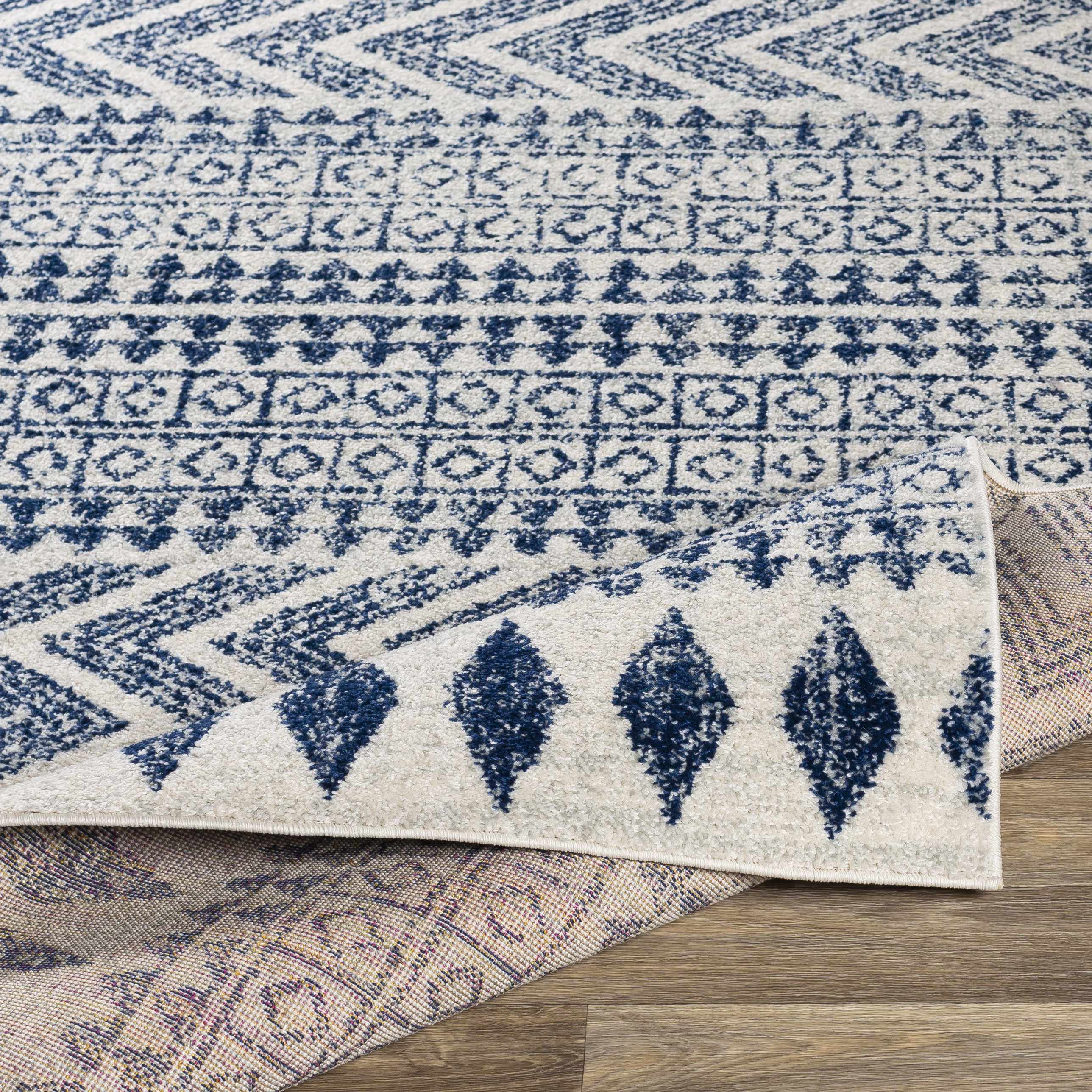 Transitional Light Gray, White & Navy Bohemian Rug – Soft Polypropylene Medium Pile, Made in Turkey