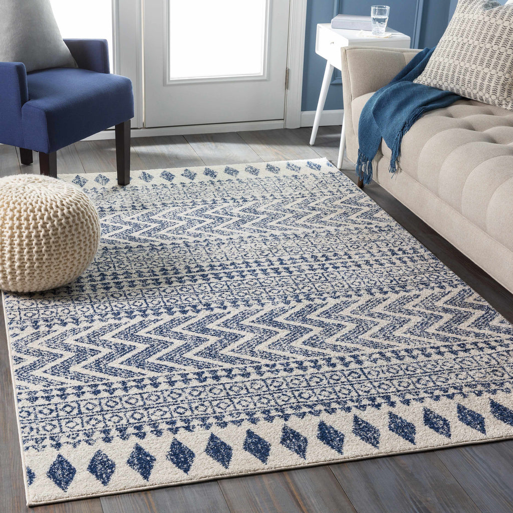 Transitional Light Gray, White & Navy Bohemian Rug – Soft Polypropylene Medium Pile, Made in Turkey