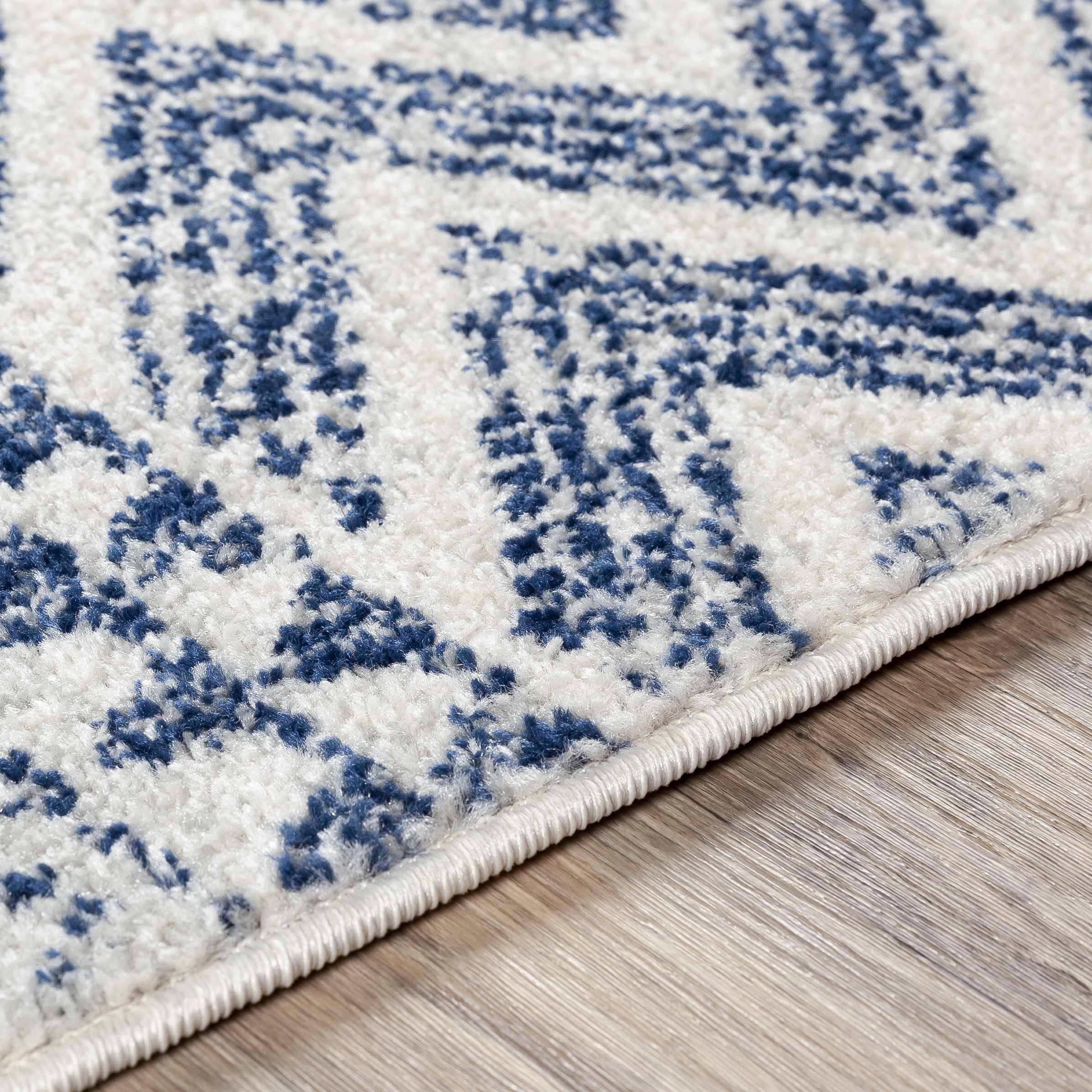 Transitional Light Gray, White & Navy Bohemian Rug – Soft Polypropylene Medium Pile, Made in Turkey