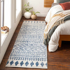 Transitional Light Gray, White & Navy Bohemian Rug – Soft Polypropylene Medium Pile, Made in Turkey