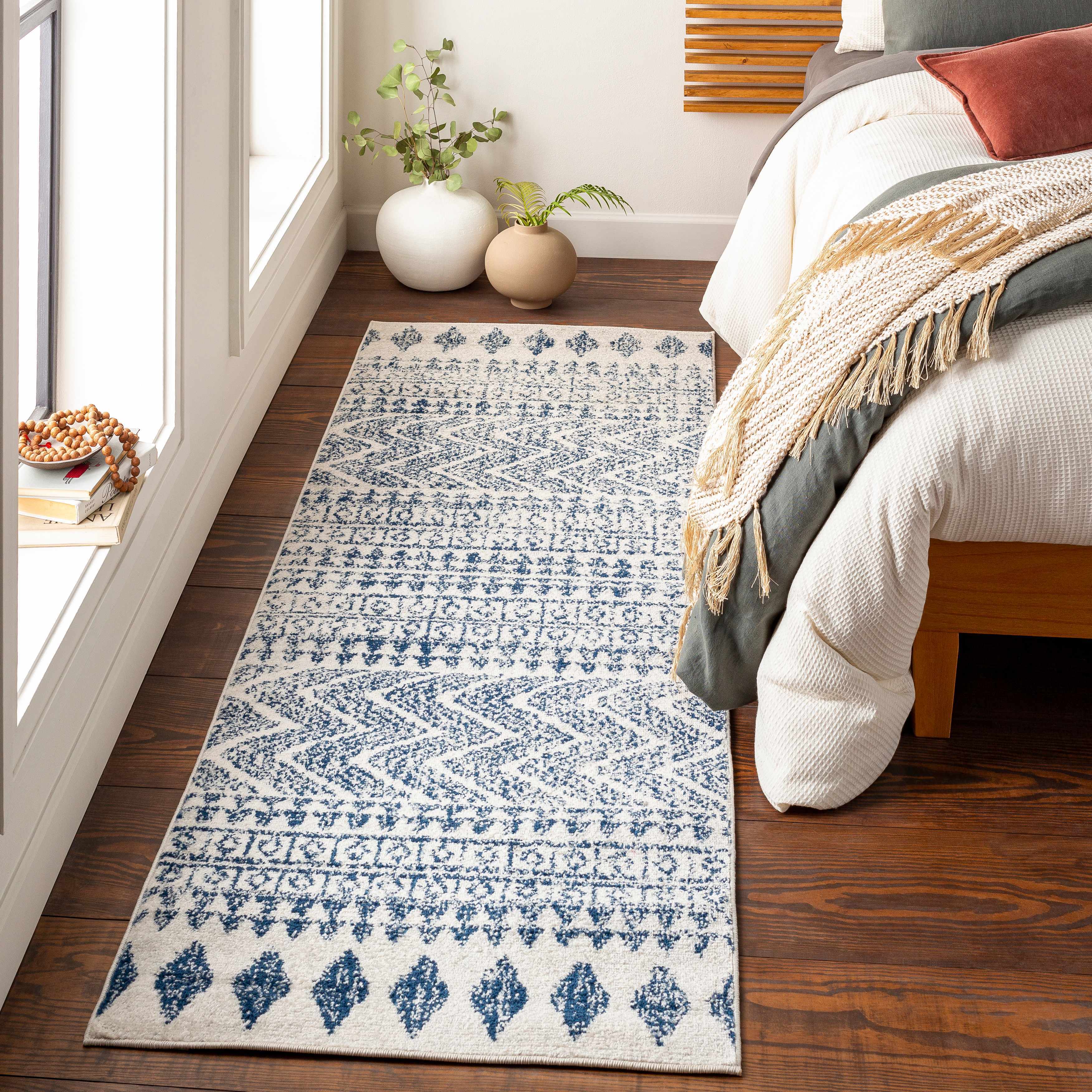 Transitional Light Gray, White & Navy Bohemian Rug – Soft Polypropylene Medium Pile, Made in Turkey