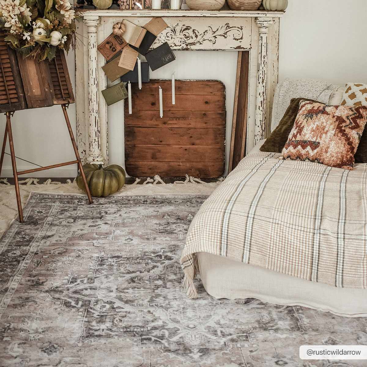 Machine Washable Chenille Rug – Traditional Flatweave Area Rug in Beige & Charcoal, Soft & Durable