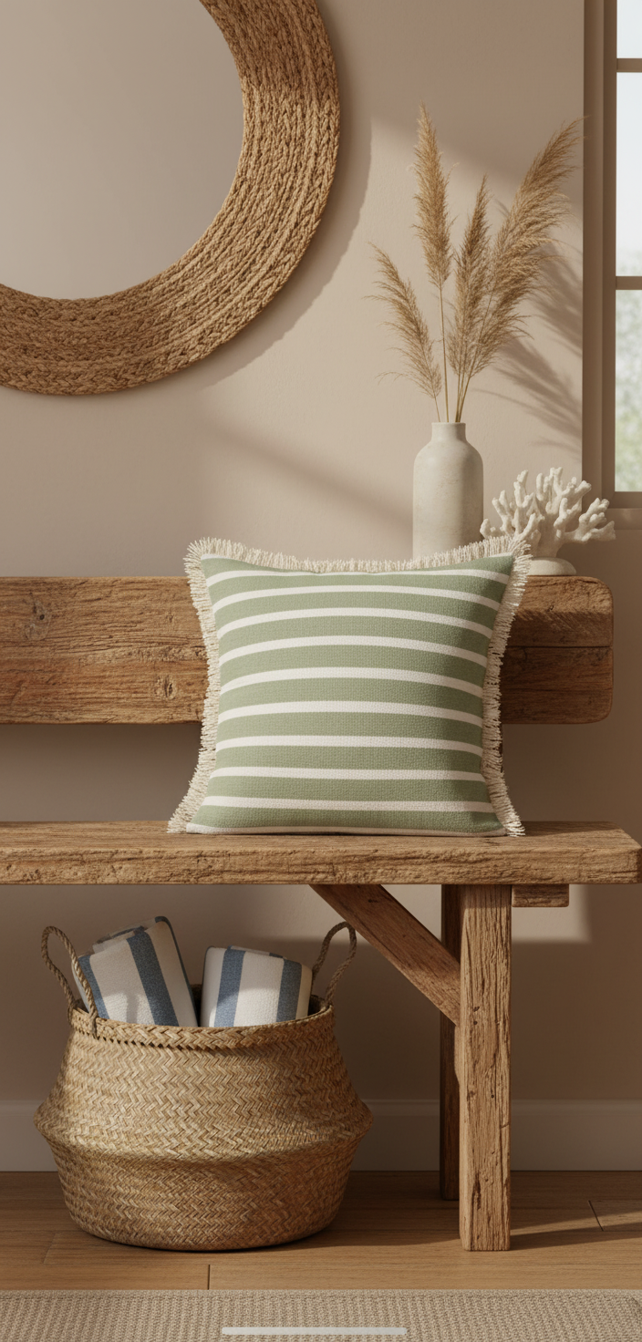 Sage striped cushion on wooden bench