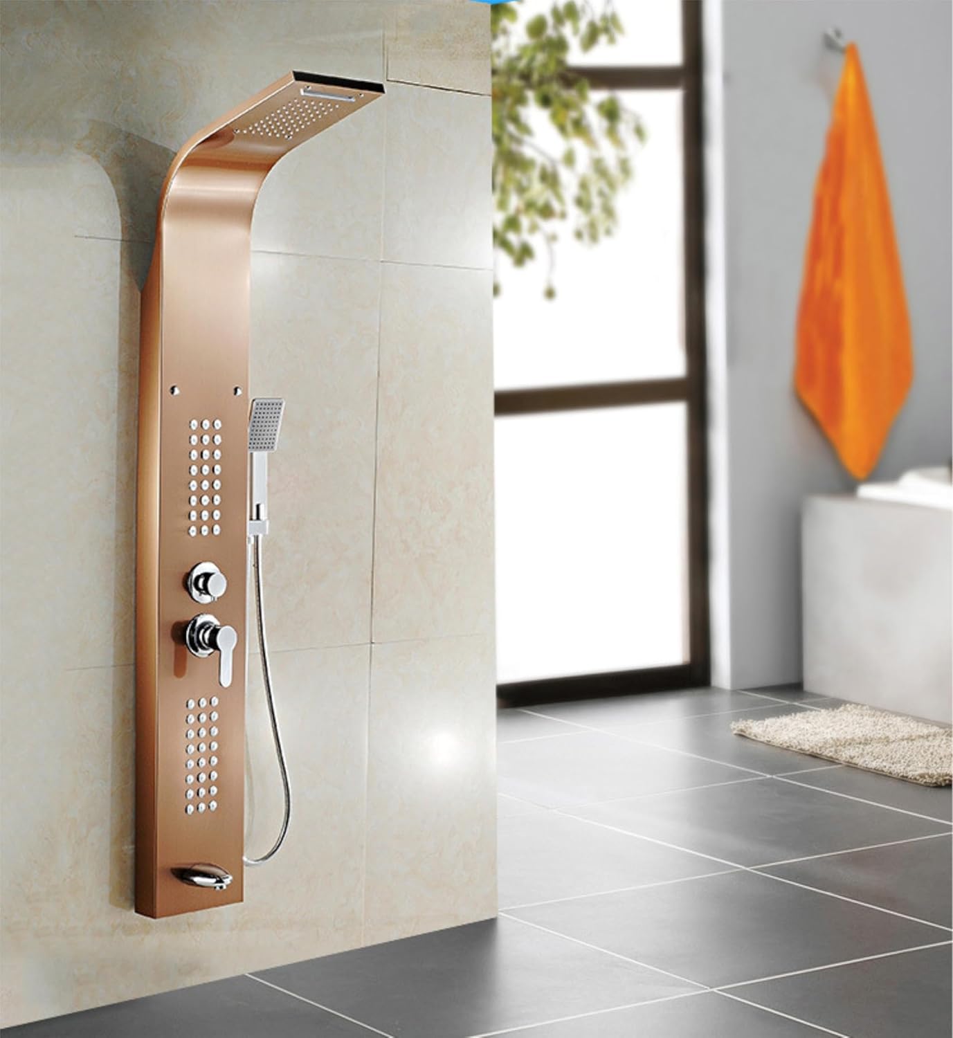 Fossa Stainless Steel Shower Panel Full Set, Dual Flow Overhead Waterfall Shower, Hand Shower, Wall Mount Shower Panel For Bathrooms (Rose Gold)