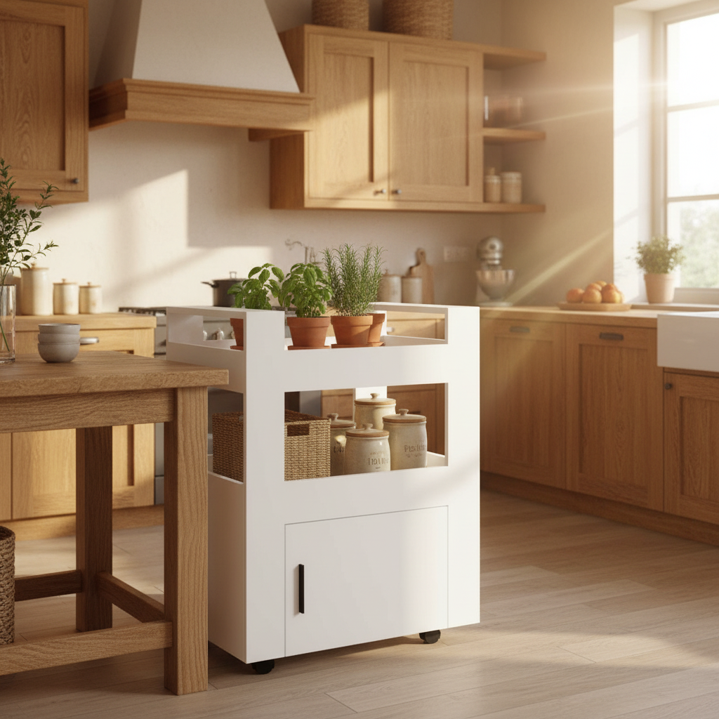 Storage trolley in warm farmhouse kitchen