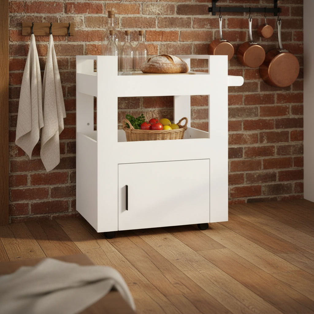 Trolley in cottage kitchen with brick wall