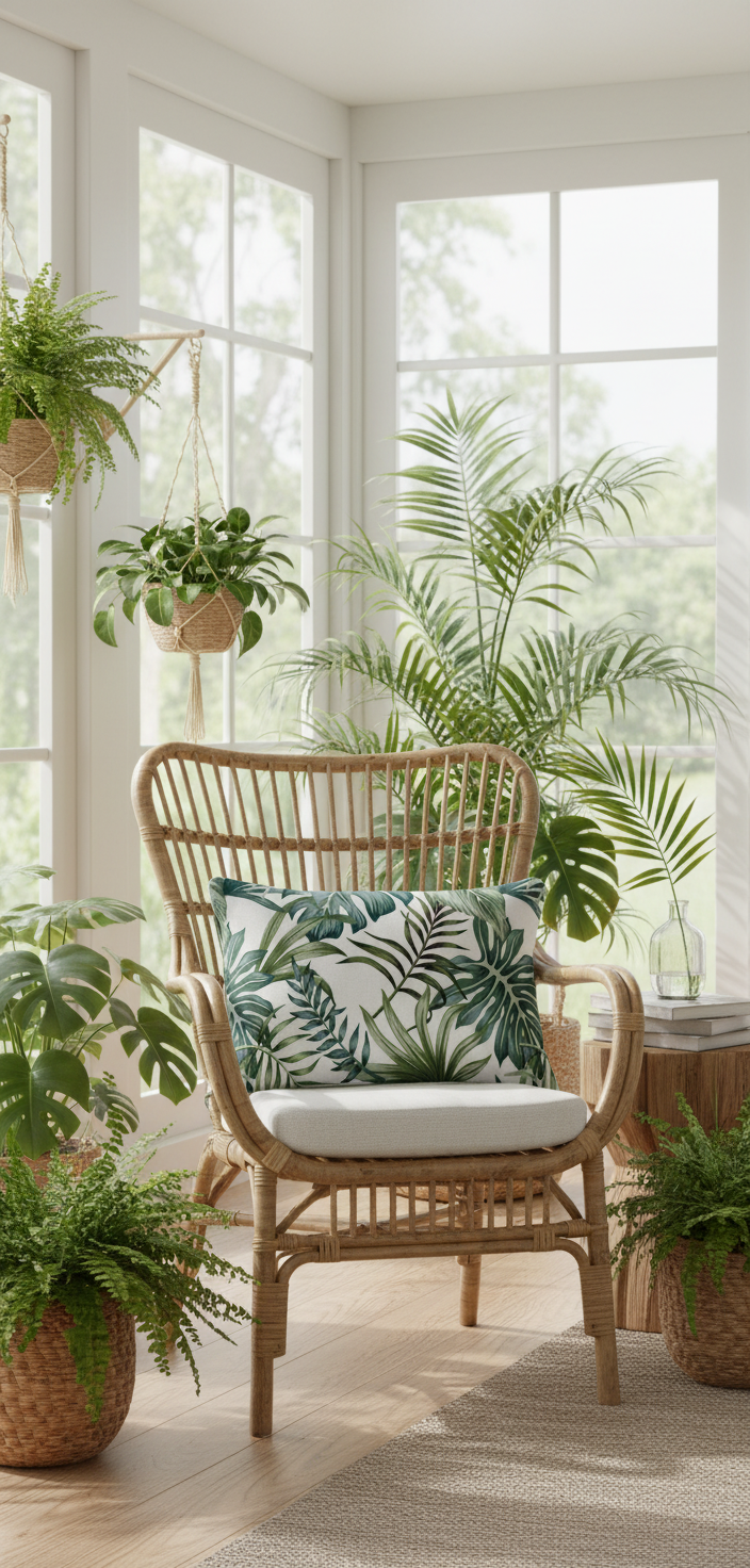 Tropical palm cushion on rattan chair